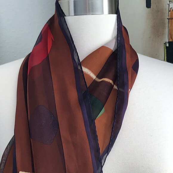 Vintage Elaine Gold Silk Scarf Women's Black Bronze Red Purple 52" - Picture 2 of 8